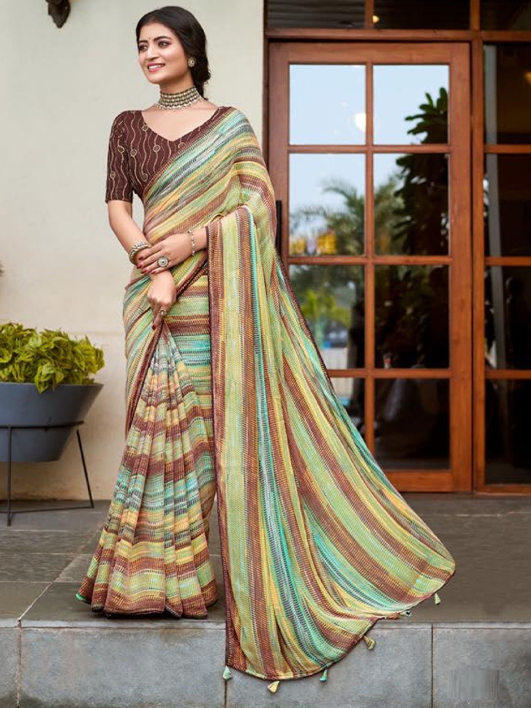 

MAHALASA Striped Pure Georgette Saree, Brown
