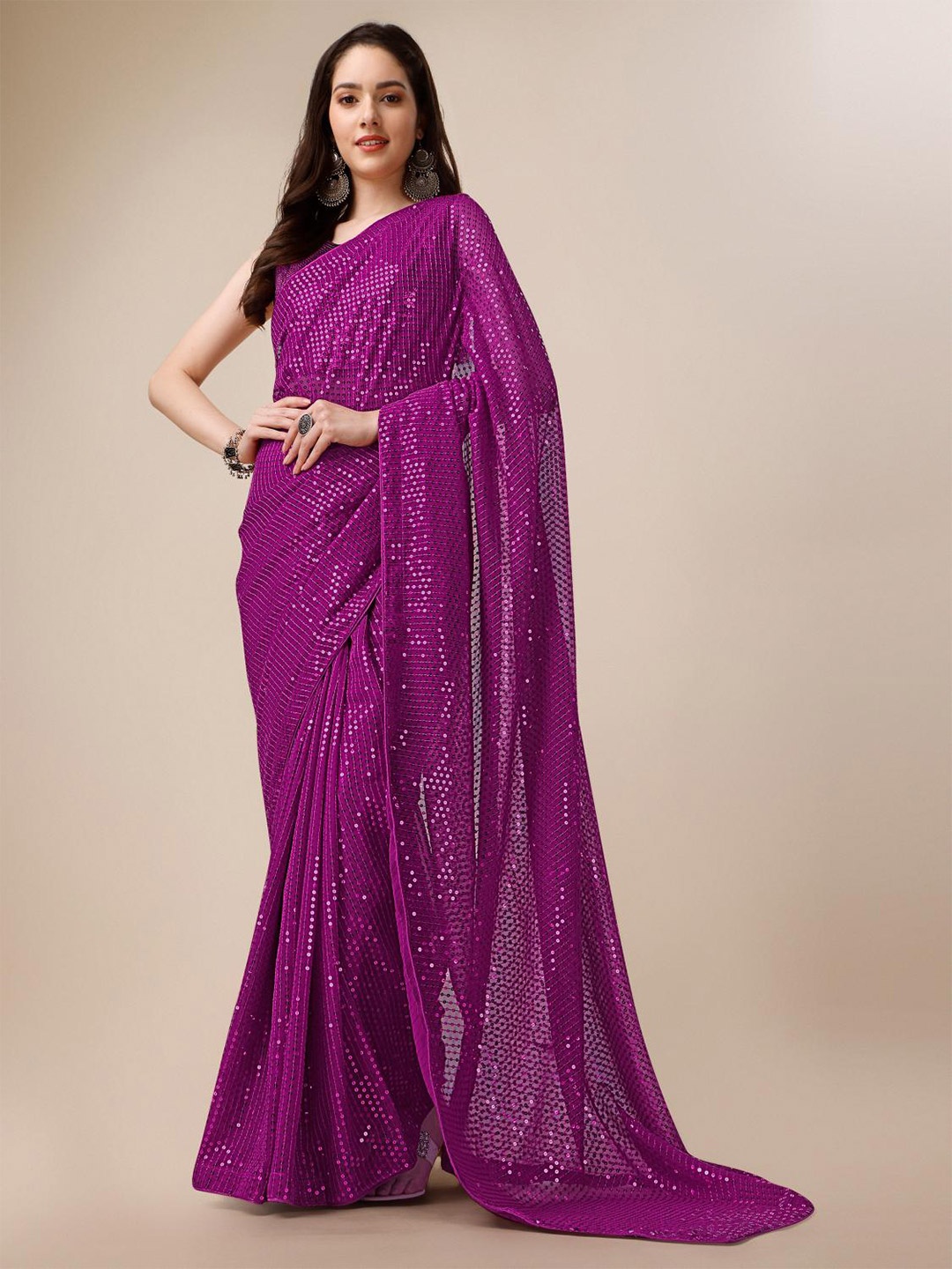 

THE52 Embellished Sequined Georgette Saree, Pink