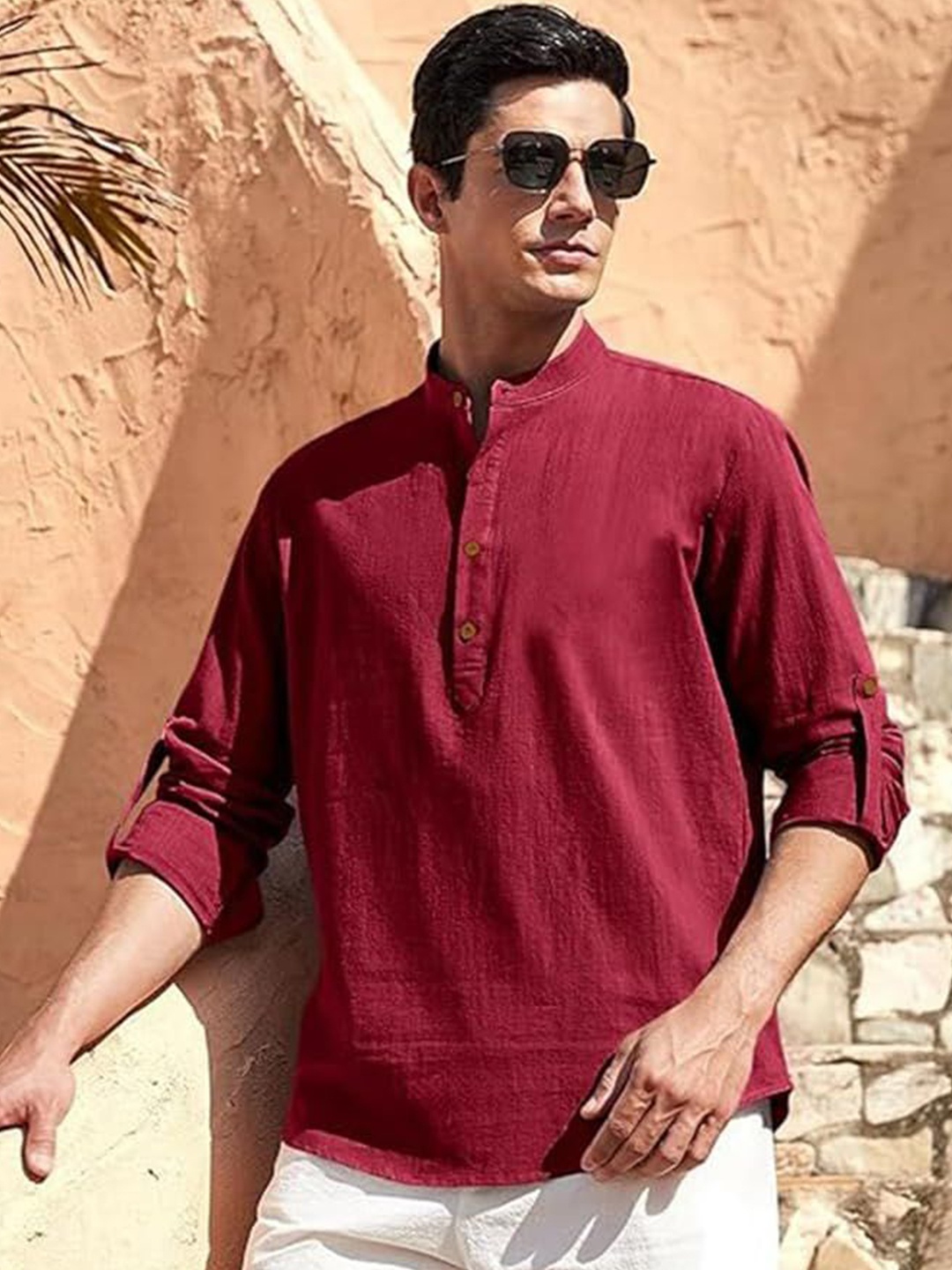 

EdinWolf Men India Slim Fit Mandarin Collar Solid Cotton Casual Shirt, Maroon