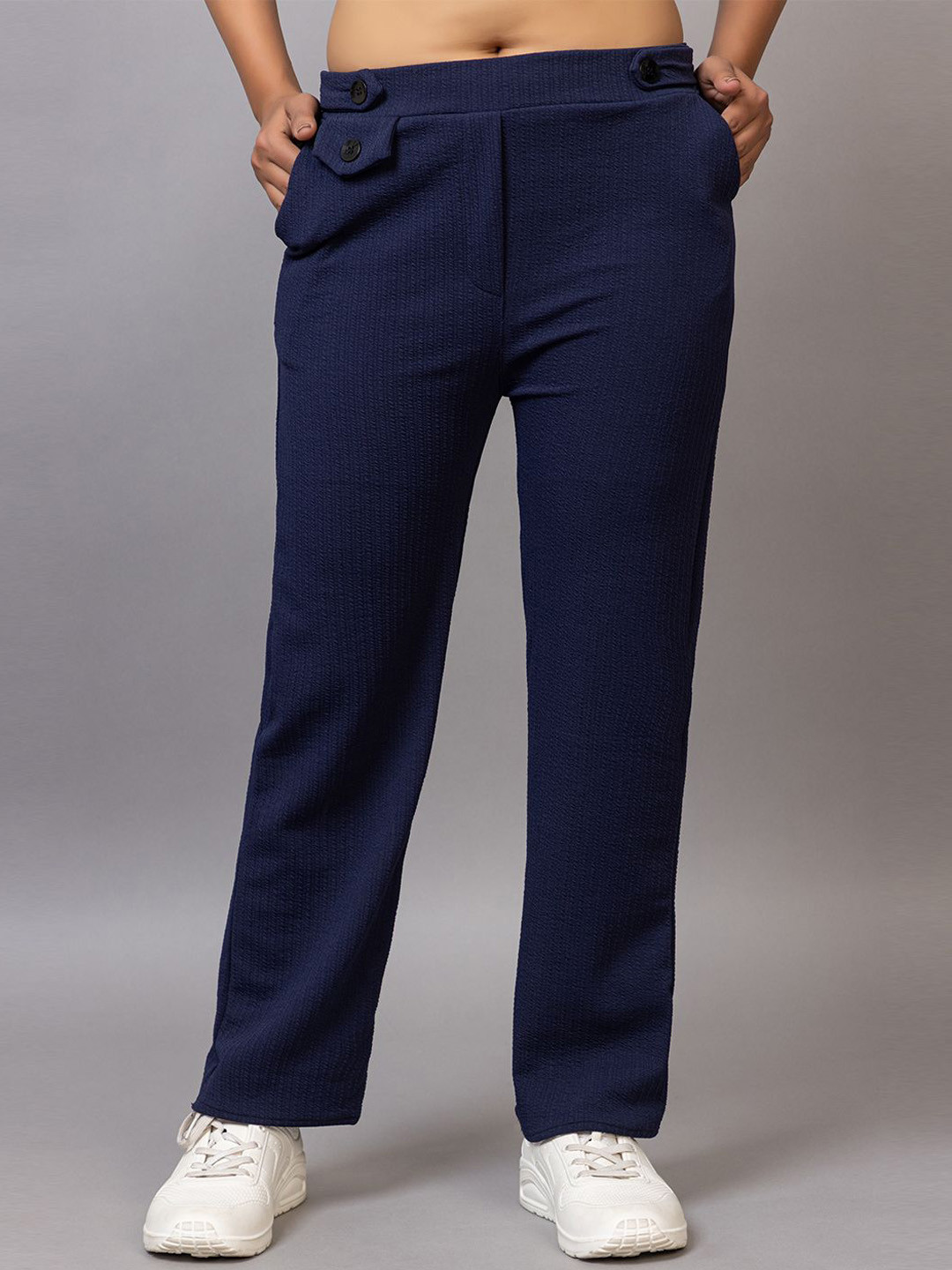 

PROBASIC Women Striped Regular Trousers, Blue