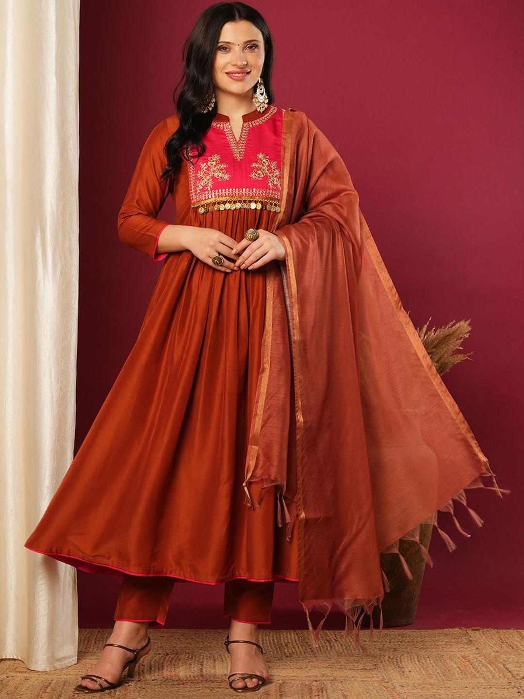 

Anni Designer Floral Embroidered Pleated Sequinned A-Line Kurta With Trousers & Dupatta, Rust