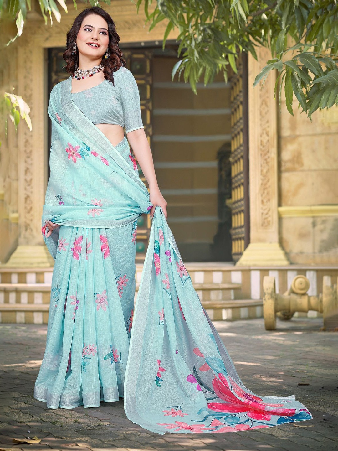 

Nimidiya Floral Printed Zari Pure Cotton Saree, Blue