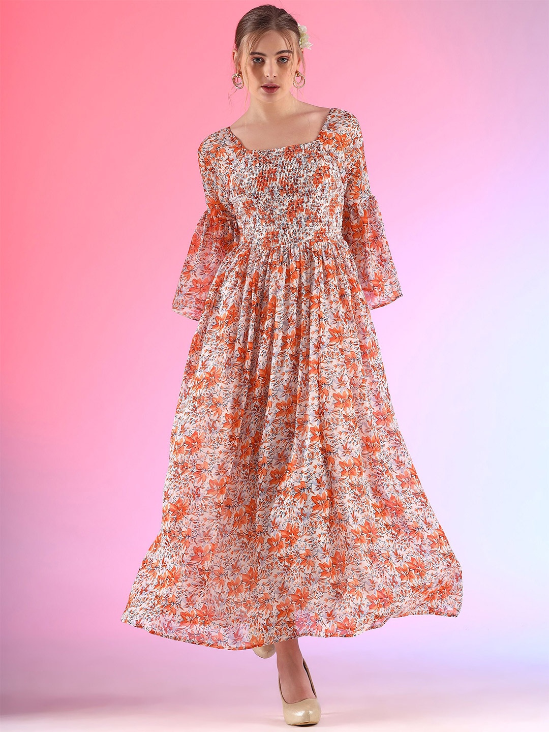 

De La Moda Floral Print Flared Sleeve Fit & Flare Maxi Dress, Orange