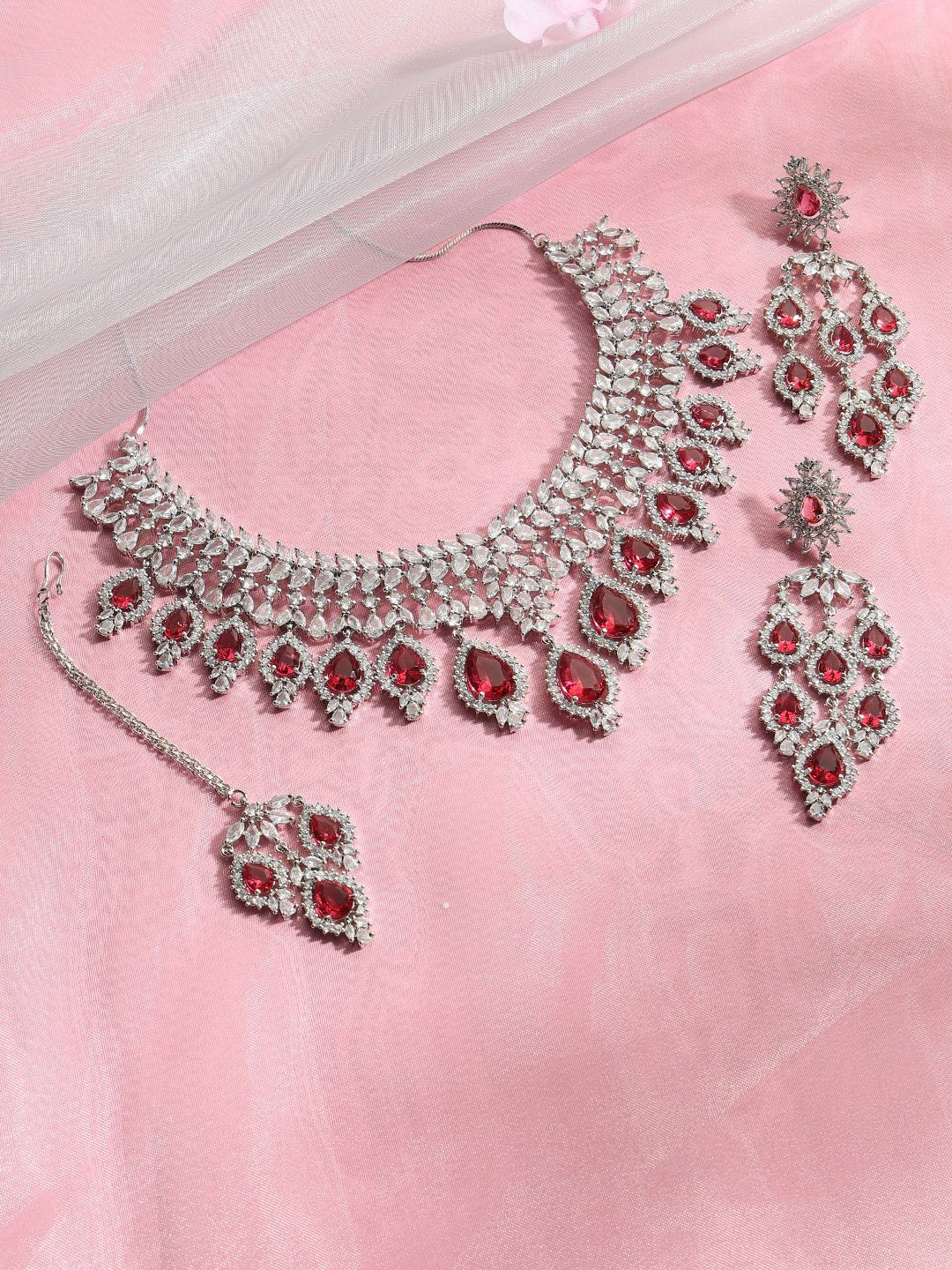 

justpeachy Rhodium-Plated American Diamond Studded Jewellery Set, Red