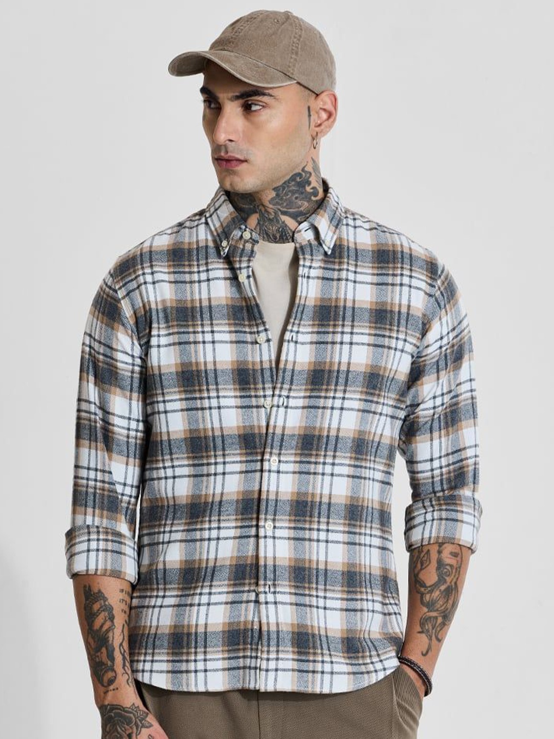 

Snitch Men Smart Slim Fit Button-Down Collar Tartan Checked Casual Shirt, Blue