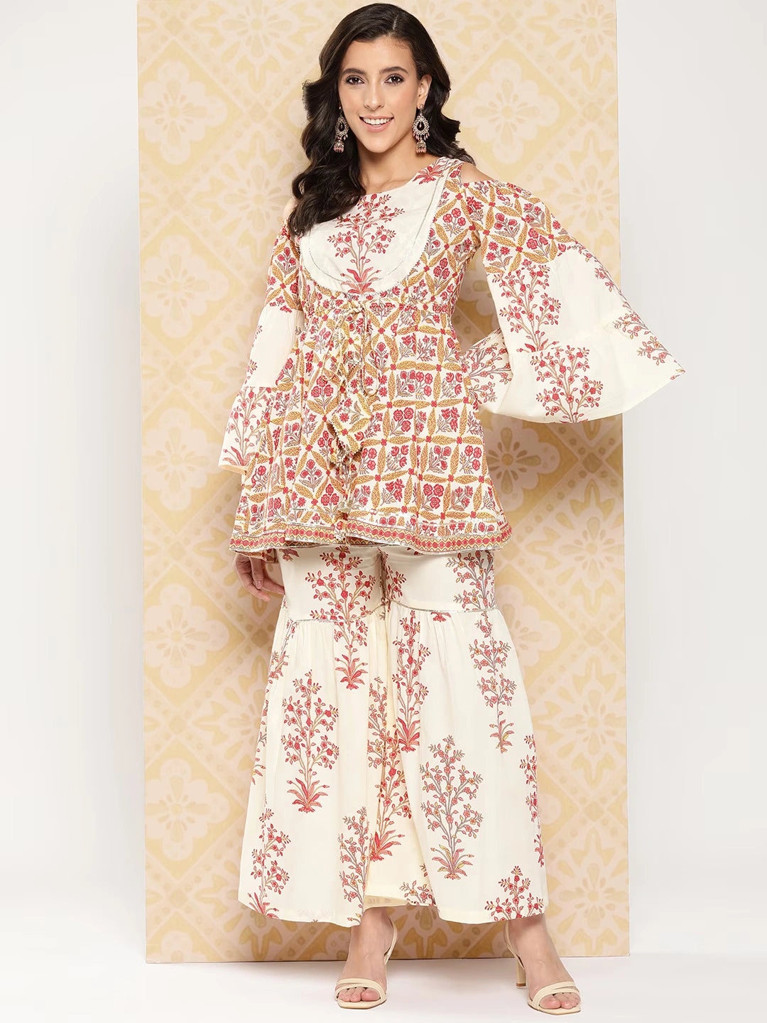 

MissKurti Floral Printed Pure Cotton Round Neck Tunic With Sharara, Cream