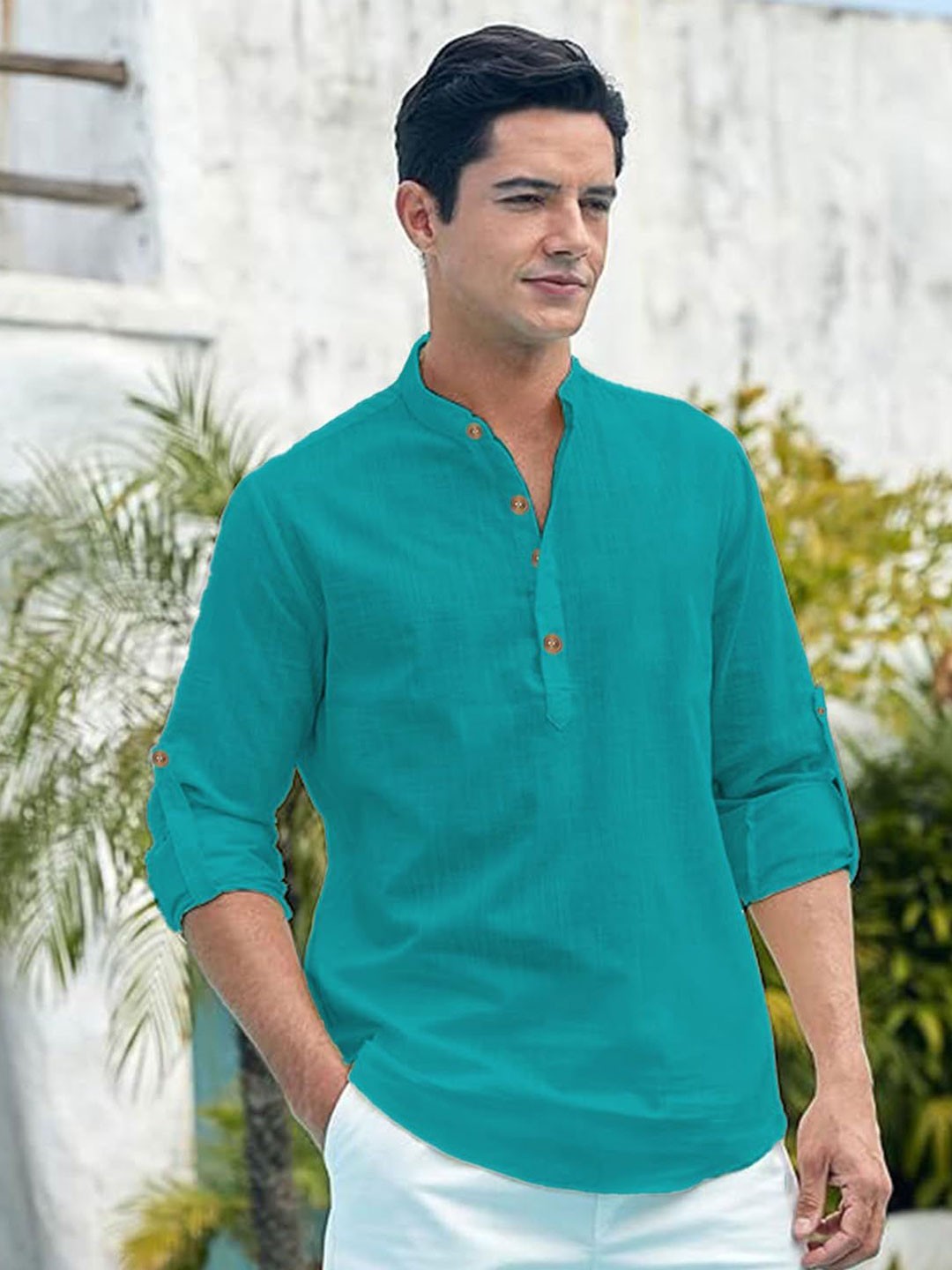 

EdinWolf Men India Slim Fit Band Collar Solid Cotton Casual Shirt, Teal