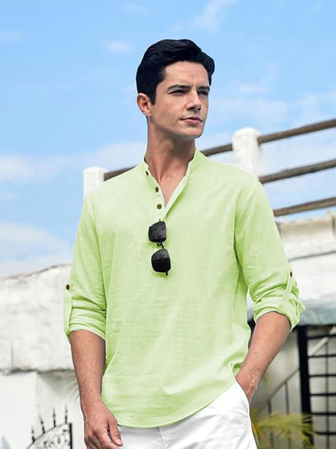 

EdinWolf Men India Slim Fit Band Collar Solid Cotton Casual Shirt, Lime green