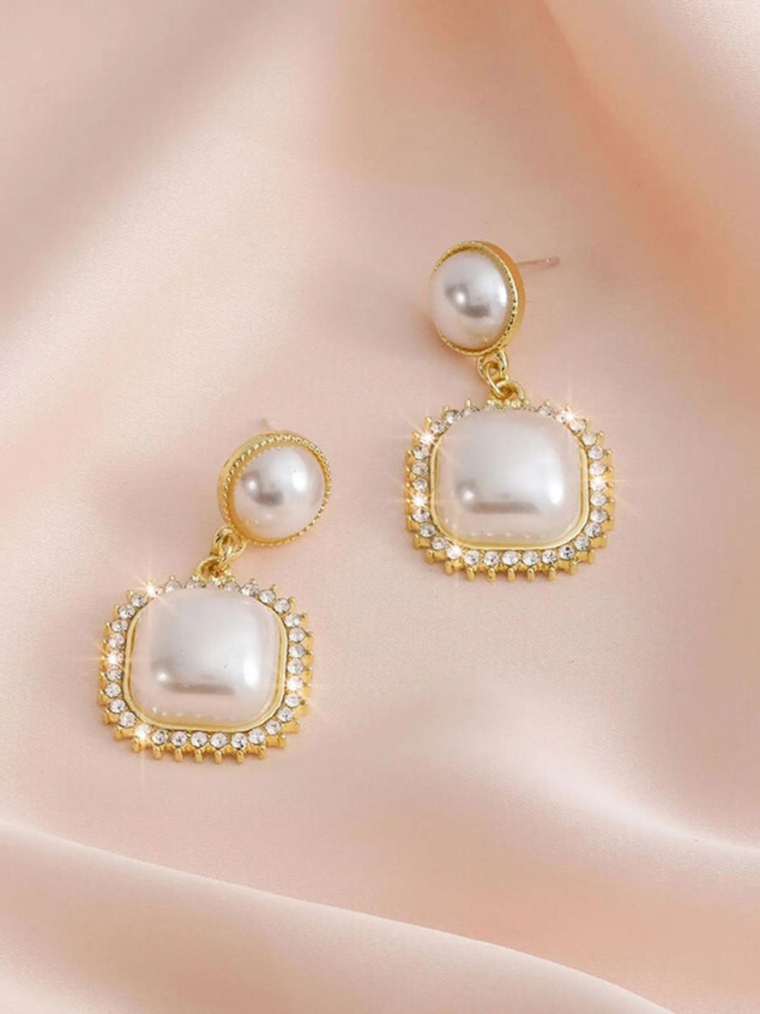

Celestique Korean Gold Plated Pearls Contemporary Drop Earrings, White