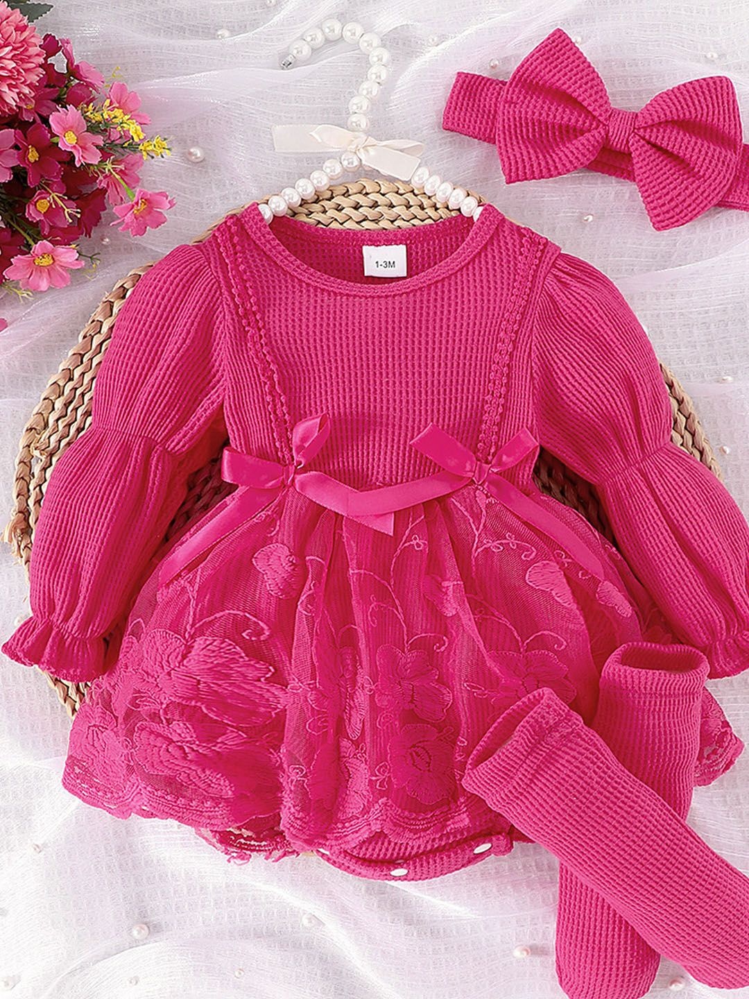 

Xsole Girl Floral Self Design Tie-Up Fit & Flare Dress, Pink