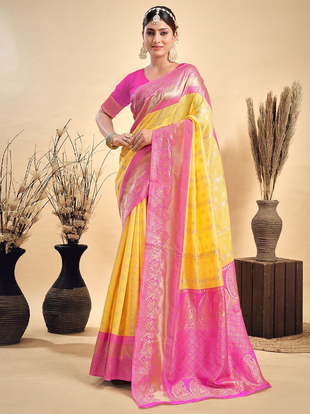 

HERE&NOW Woven Design Zari Paithani Saree With Unstiched Blouse Piece, Yellow