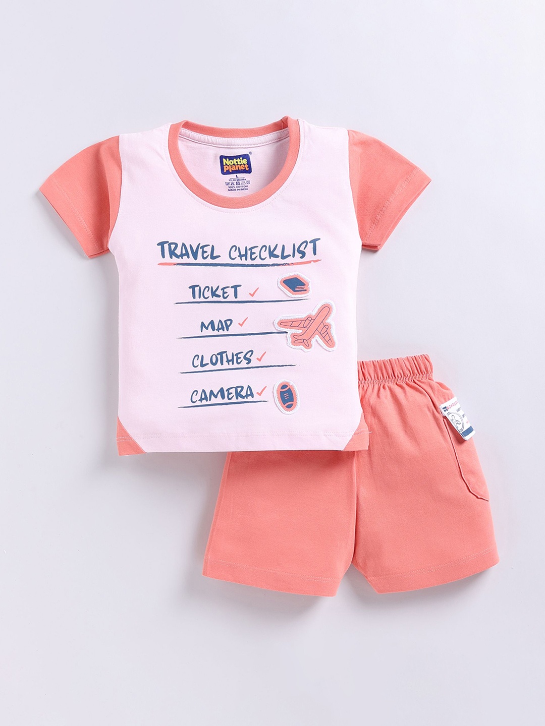 

Nottie Planet Boys Printed Round Neck Pure Cotton T-Shirt With Shorts, Coral