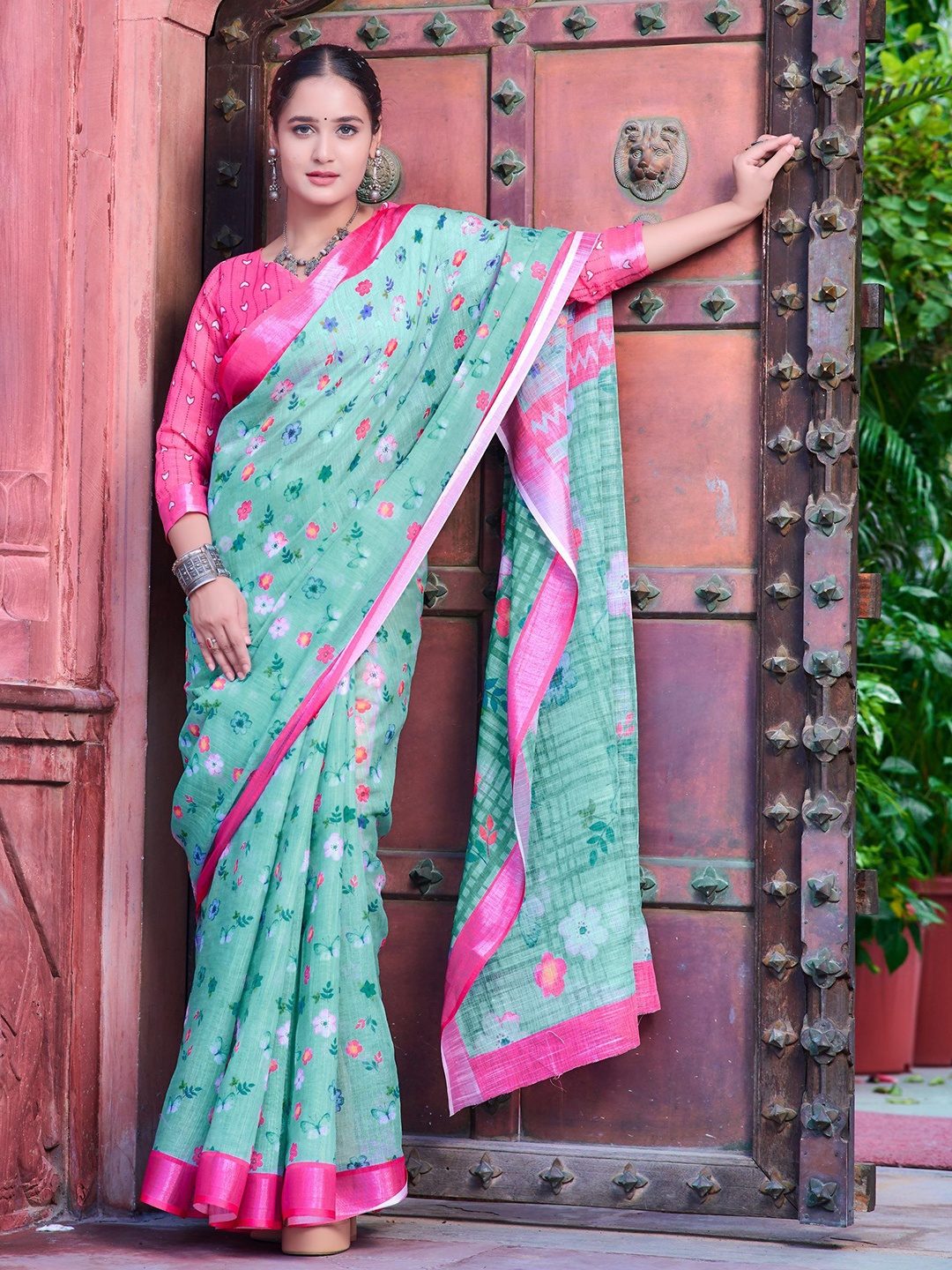 

Mitera Floral Printed Zari Pure Cotton Saree, Sea green