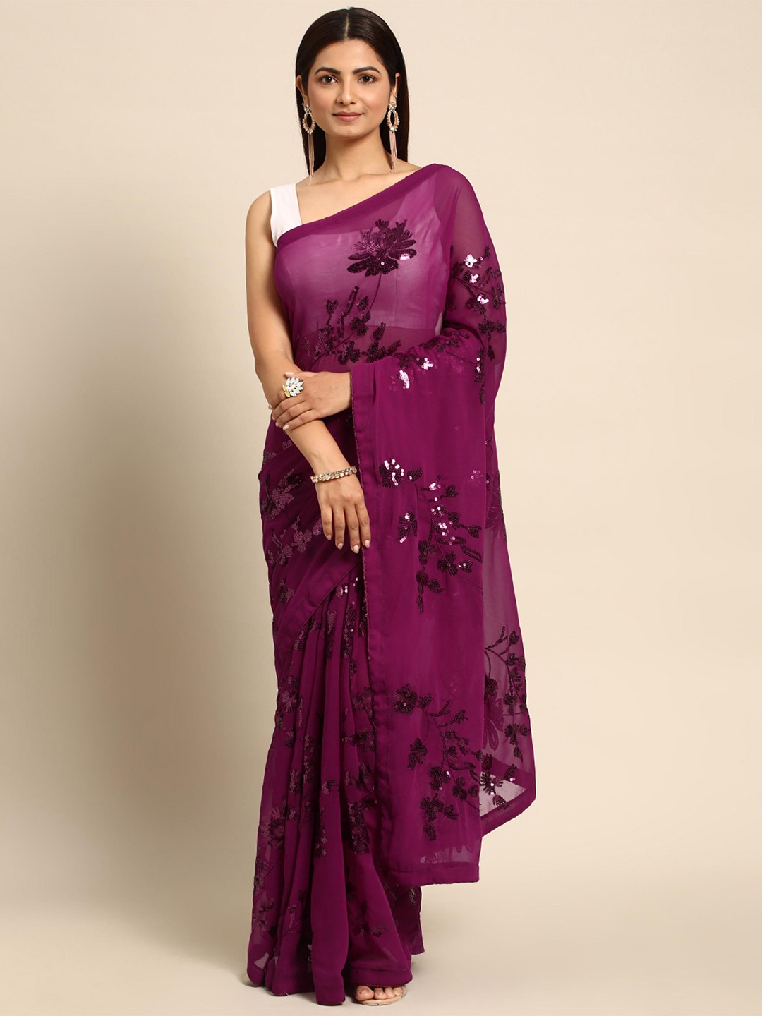 

THE52 Floral Sequined Embellished Saree With Unstitched Blouse Piece, Purple