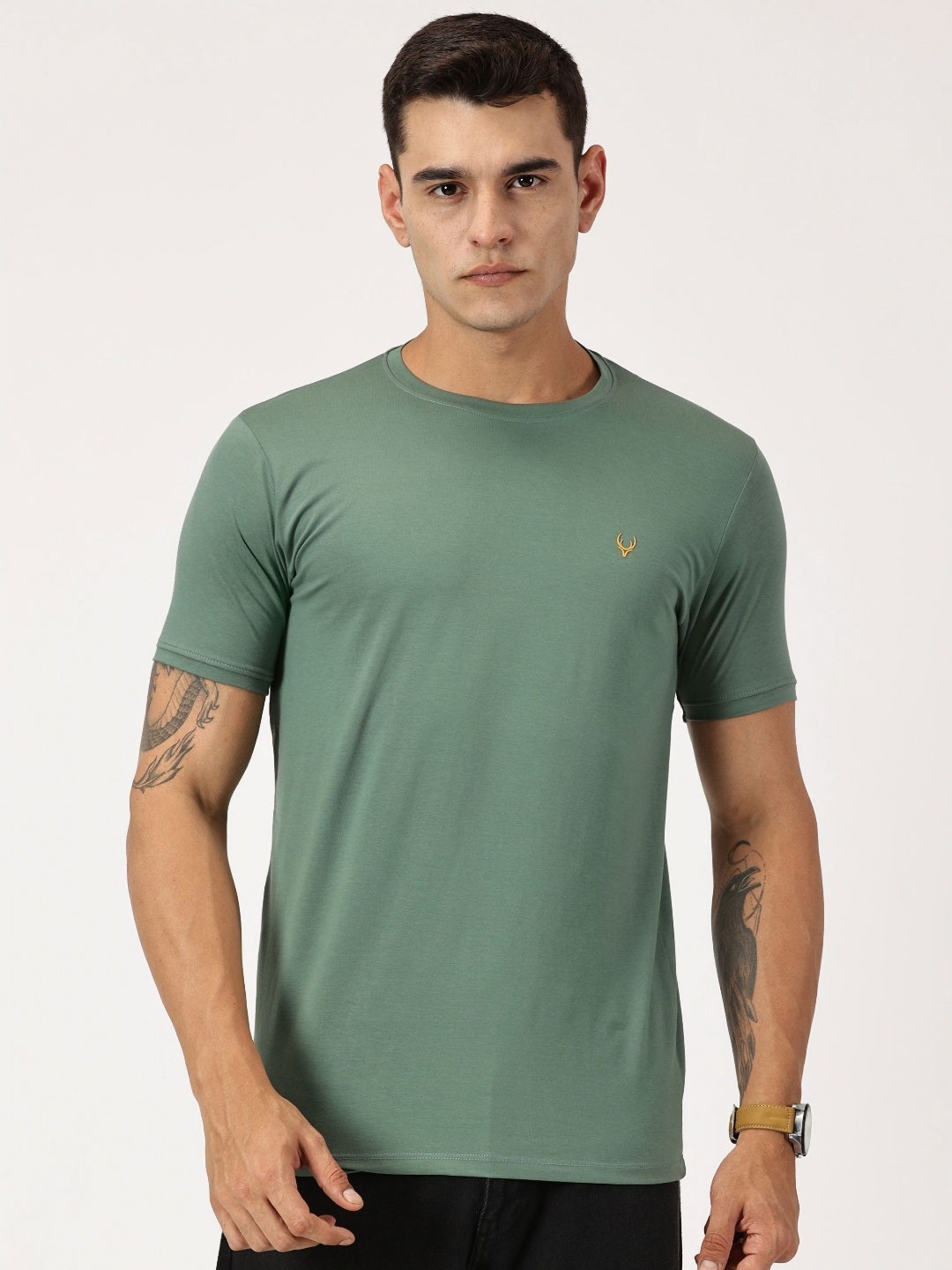 

RAVINIK Men Self Design Round Neck Cotton T-shirt, Green