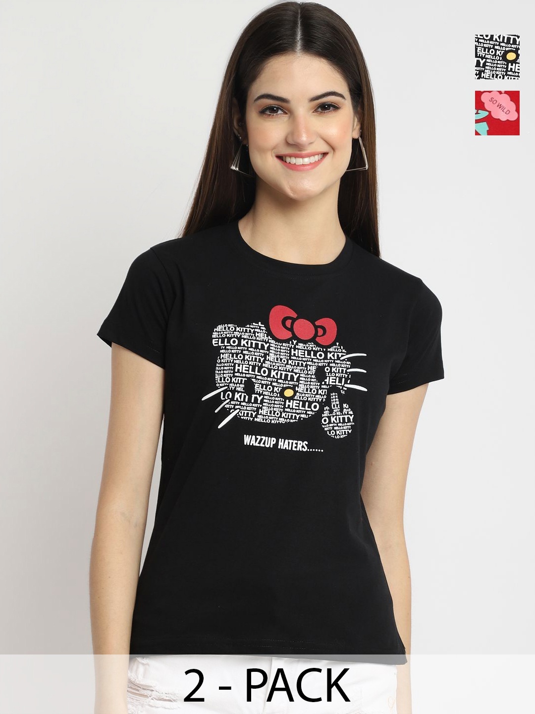 

Tromko Women Pack of 2 Typography Printed Round Neck Cotton Regular Fit T-shirts, Black