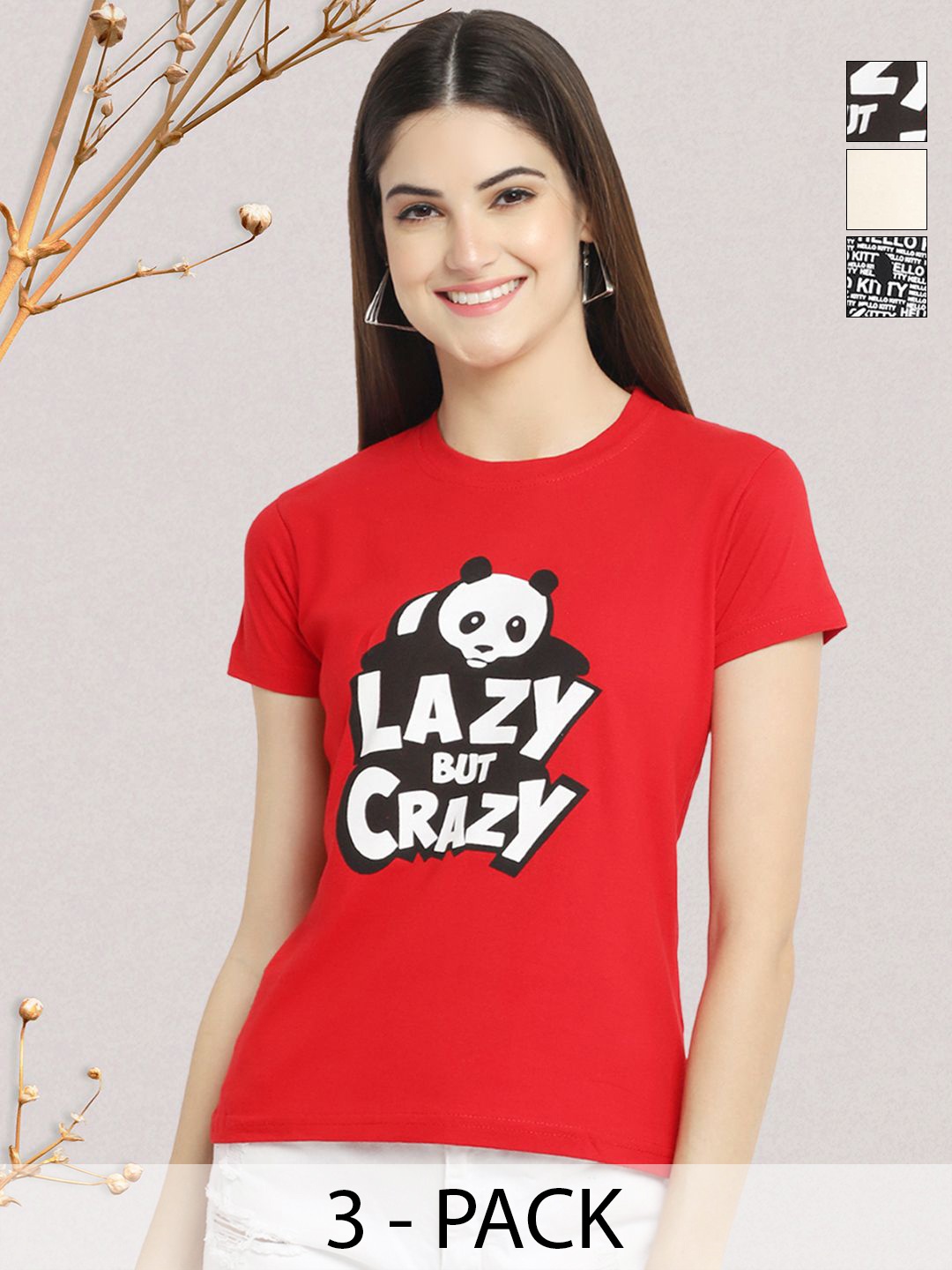 

GLOBAL NOMAD Women Pack of 3 Typography Printed Round Neck Cotton T-shirts, Red