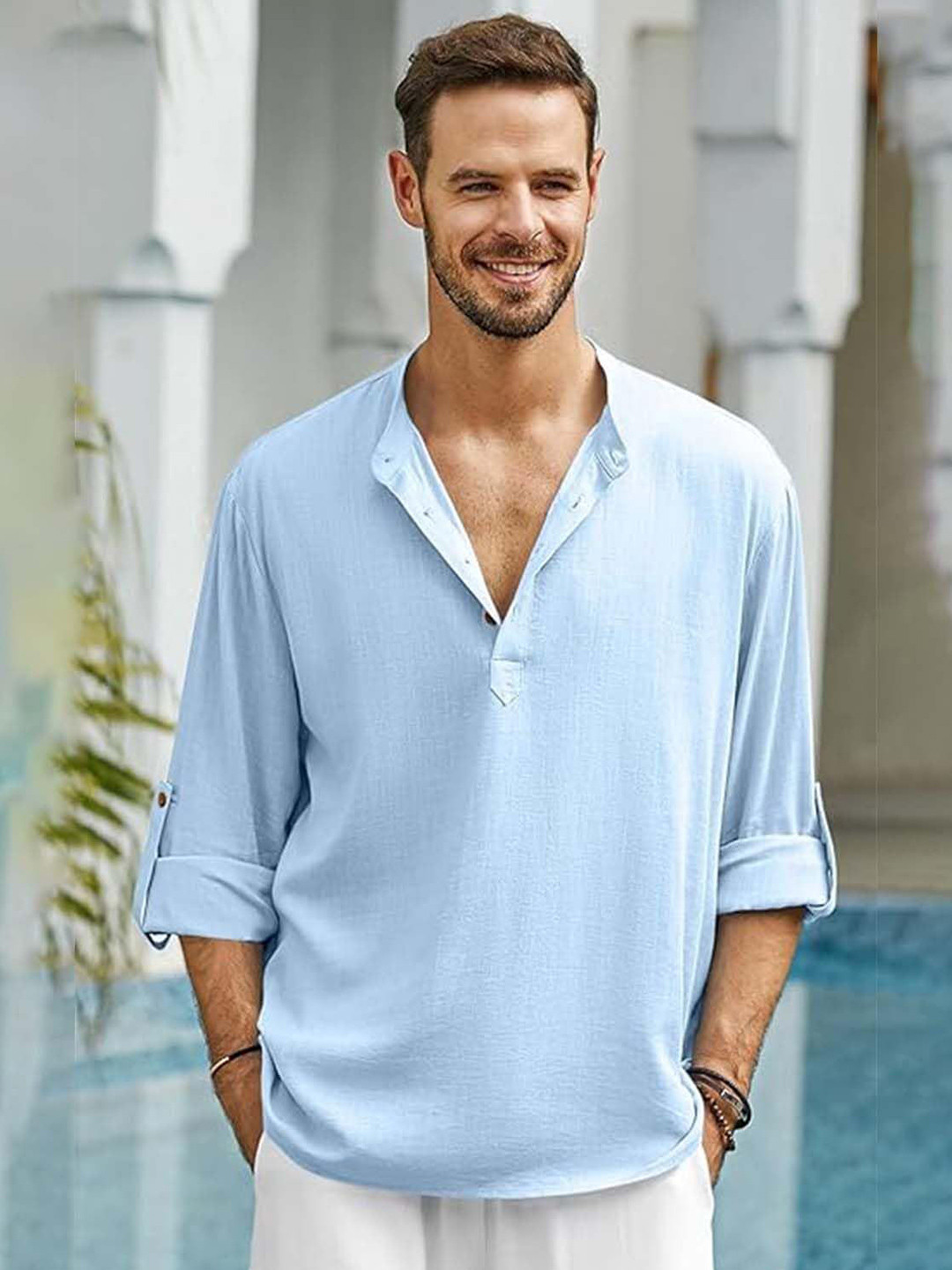 

EdinWolf Men India Slim Fit Band Collar Solid Cotton Casual Shirt, Blue