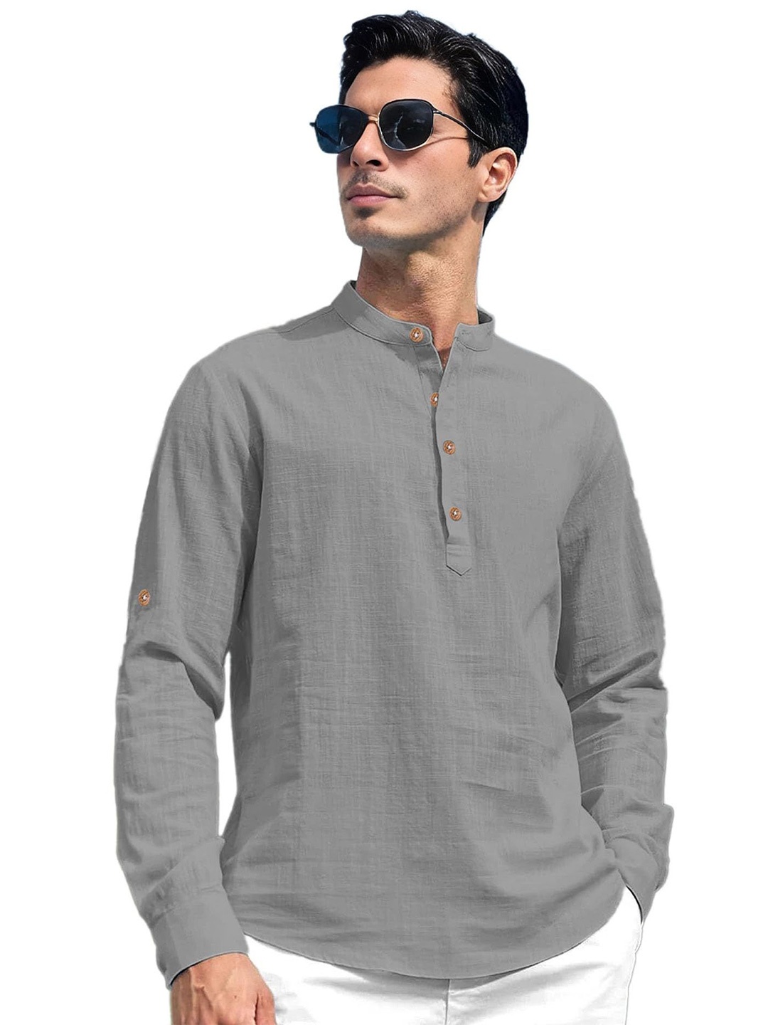 

EdinWolf Men India Slim Fit Band Collar Solid Cotton Casual Shirt, Grey