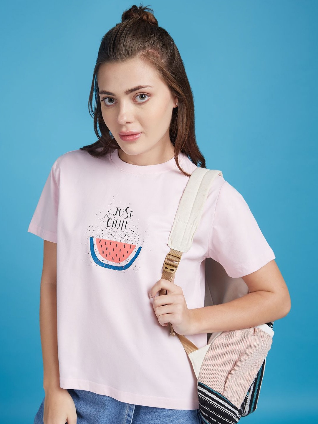 

Mast & Harbour Women Graphic Printed Round Neck Cotton Oversized T-shirt, Pink