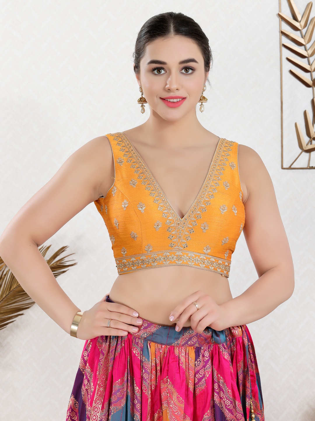 

VAMAS - THE DESIGNER BLOUSES Women V-Neck Padded Saree Blouse, Mustard