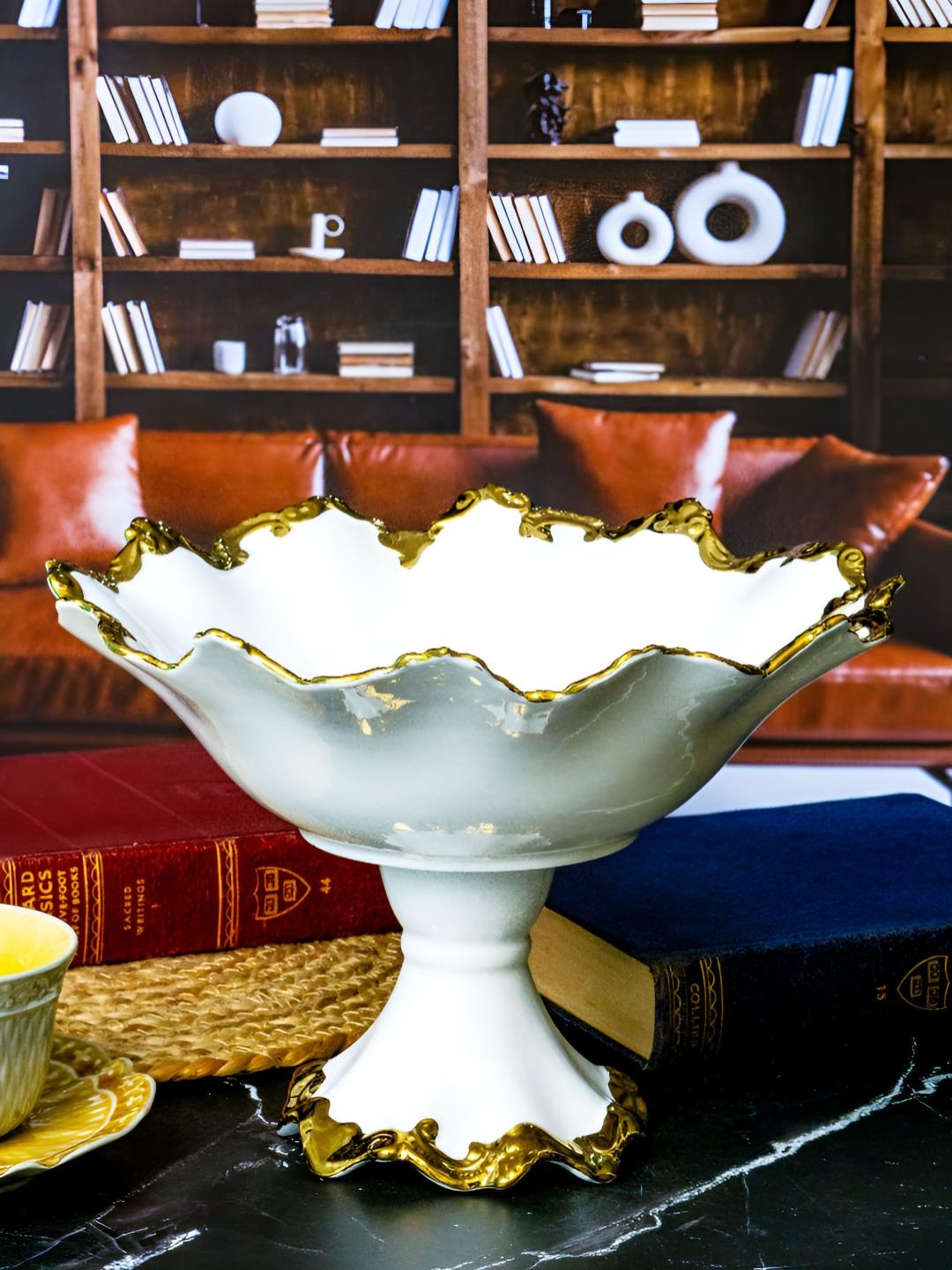 

Roxx White And Gold Toned Porcelain Dishwasher Safe Round Footed Glossy Serving Bowl