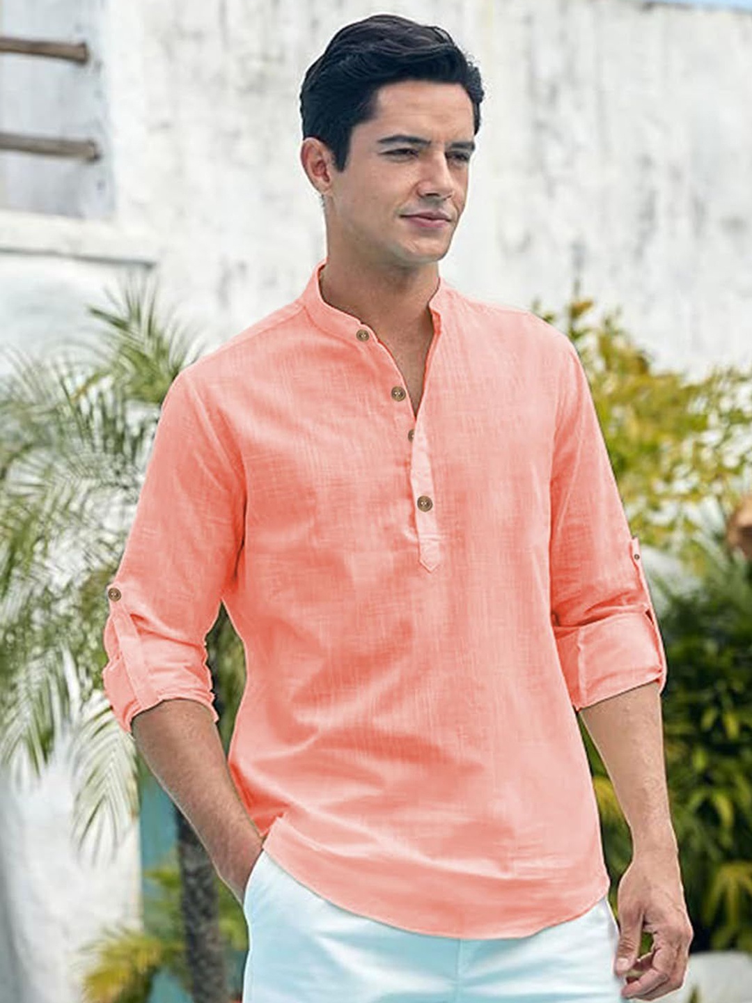 

EdinWolf Men India Slim Fit Band Collar Solid Cotton Casual Shirt, Peach