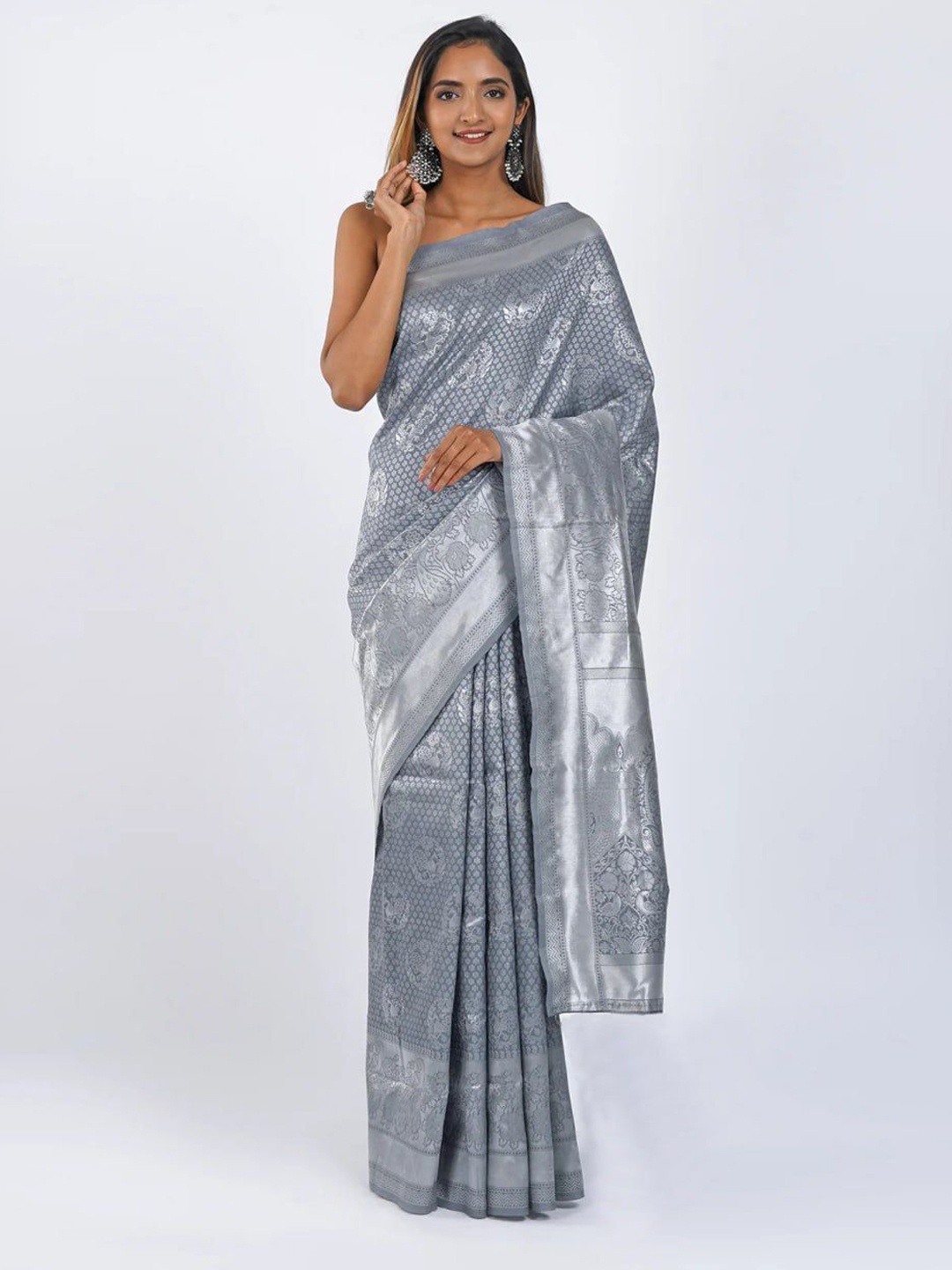 

PAYAL CREATION Ethnic Motifs Woven Design Zari Banarasi Saree, Grey