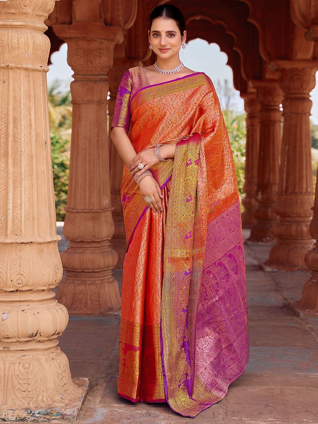 

Satrani Woven Design Zari Pure Silk Paithani Saree, Orange