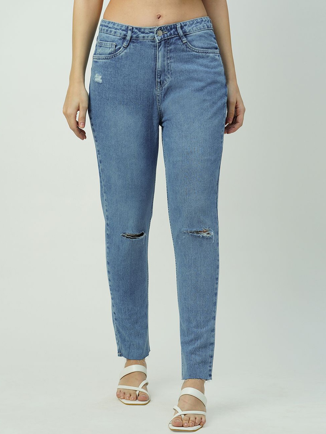 

Kraus Jeans Women Straight Fit High-Rise Mildly Distressed Light Fade Jeans, Blue