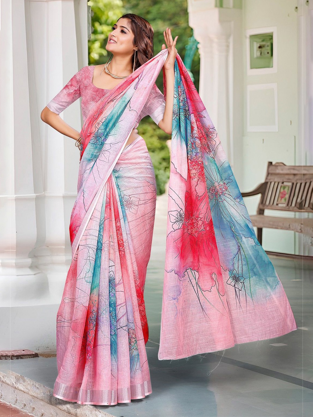 

Nimidiya Floral Printed Zari Pure Cotton Saree, Pink