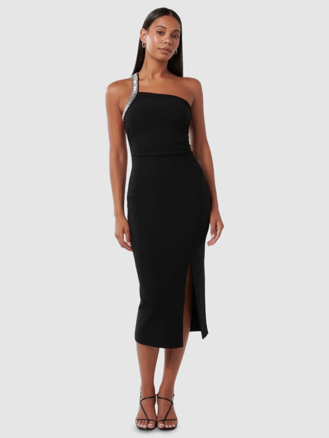 

Forever New Women Embellished Asymmetric Neck Slits Bodycon Midi Dress, Black