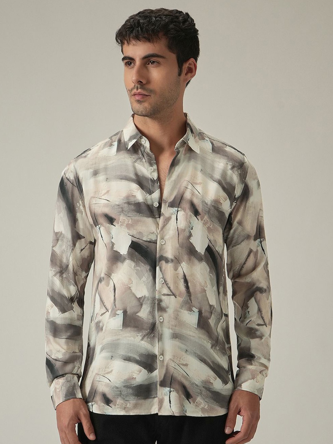 

Banana Club Men Classic Slim Fit Abstract Printed Casual Shirt, Taupe