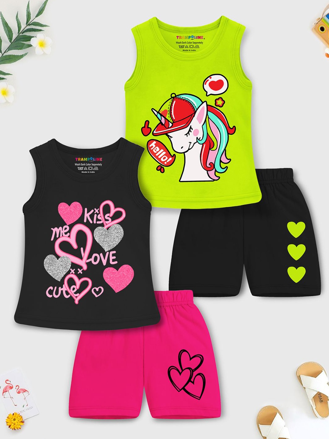 

YK X Trampoline Girls Pack Of 2 Printed T-shirt with Shorts, Green
