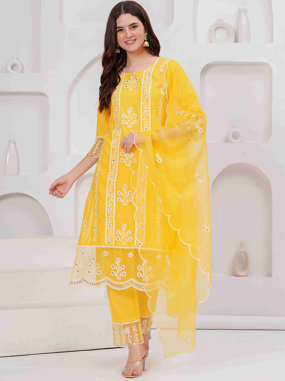 

ALEXEY JAY Floral Embroidered Thread Pure Cotton Straight Kurta With Trousers & Dupatta, Yellow