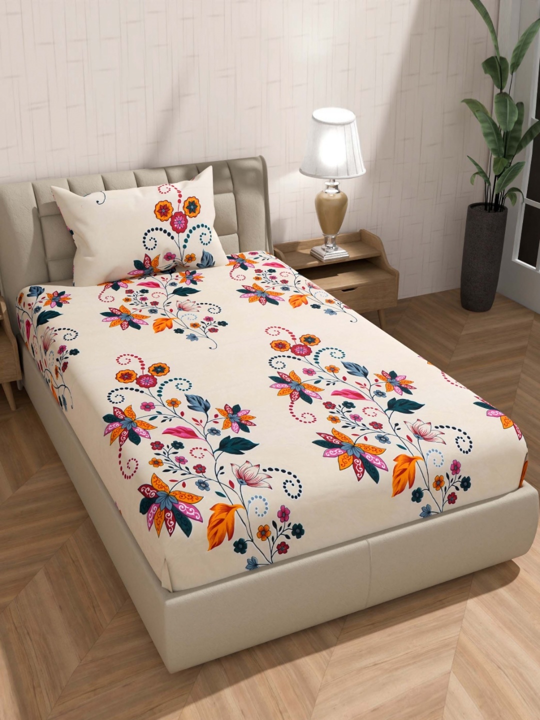 

BLUEDOT Pummy Cream Printed Polycotton 210 TC Fitted Single Bedsheet Set 2.28 m x 1.52 m
