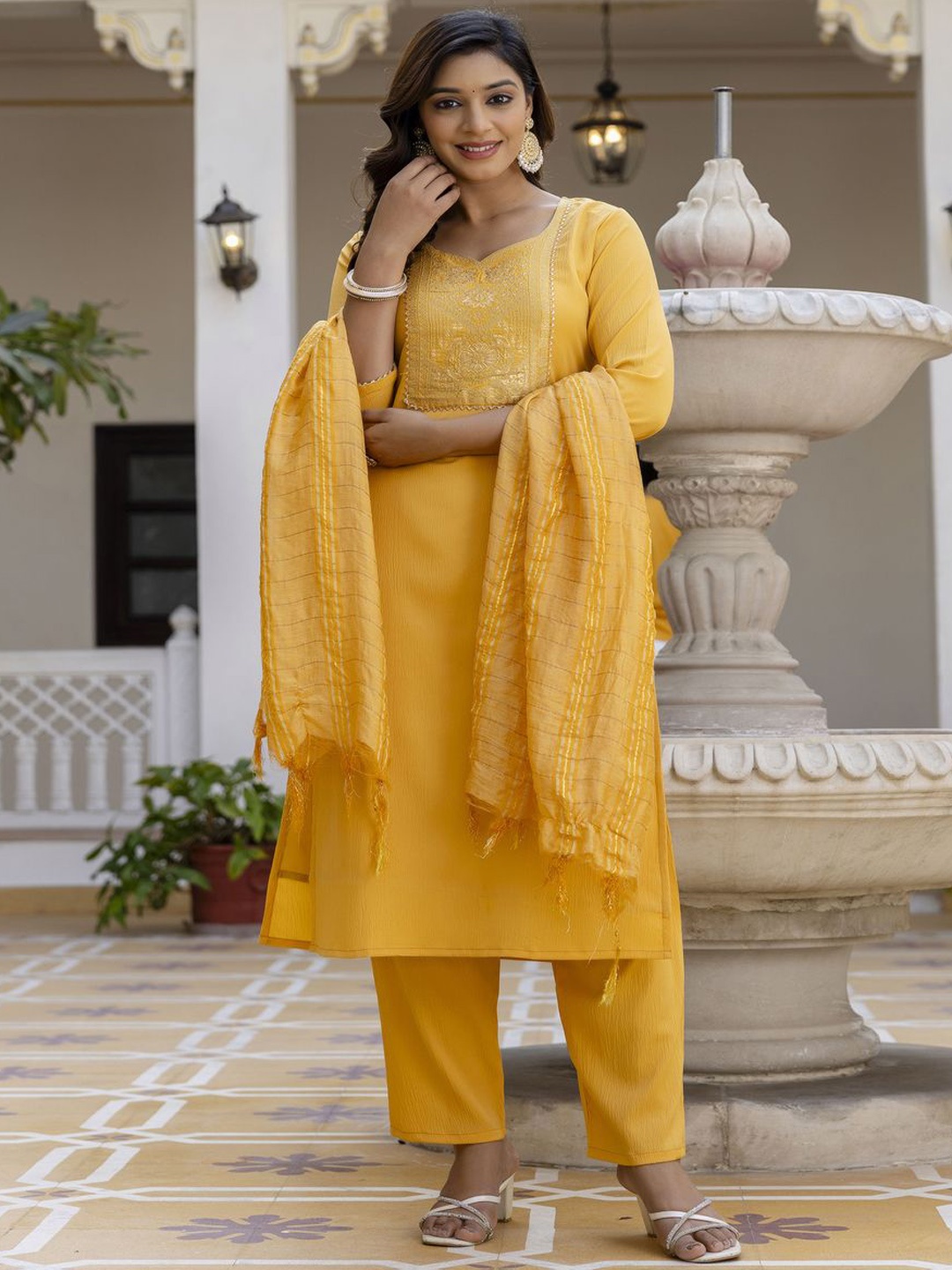 

BLACK SCISSOR Floral Yoke Design Sweetheart Neck Straight Kurta With Trousers & Dupatta, Yellow