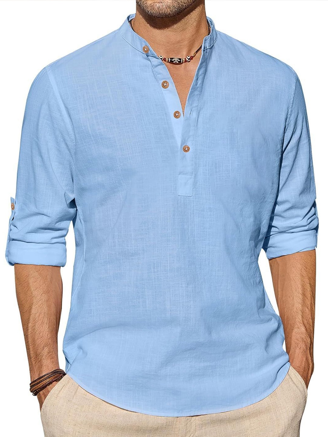 

EdinWolf Men India Slim Fit Mandarin Collar Solid Cotton Casual Shirt, Blue