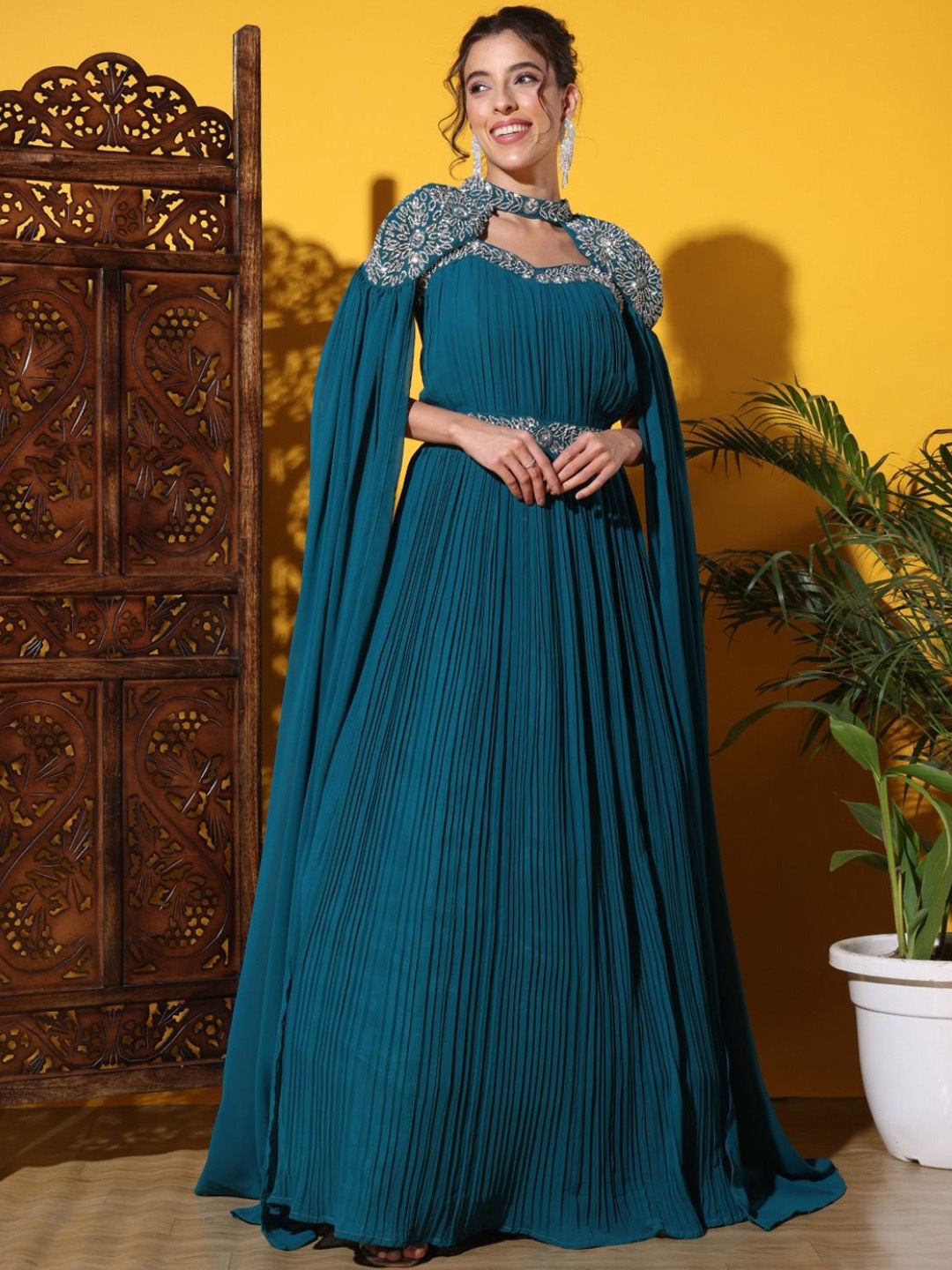 

Chhabra 555 Women Embellished Flared Gown With Waterfall Sleeves, Teal