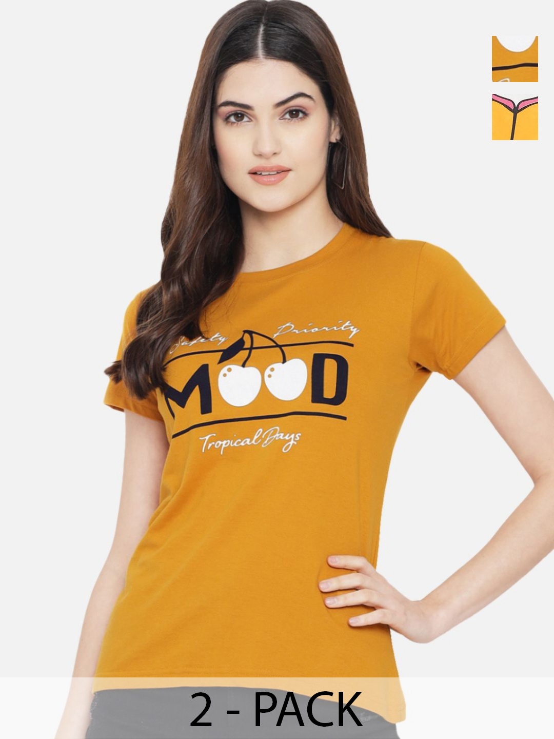 

Tromko Women Pack of 2 Typography Printed Round Neck Cotton Regular Fit T-shirts, Mustard