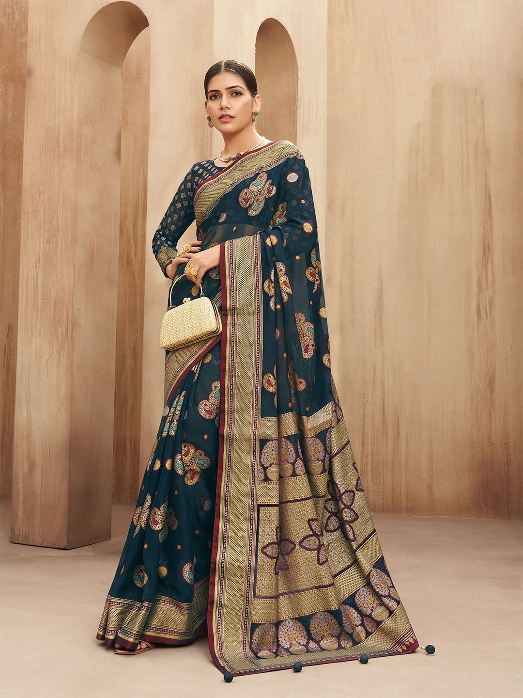 

elora Paisley Printed Banarasi Saree, Navy blue