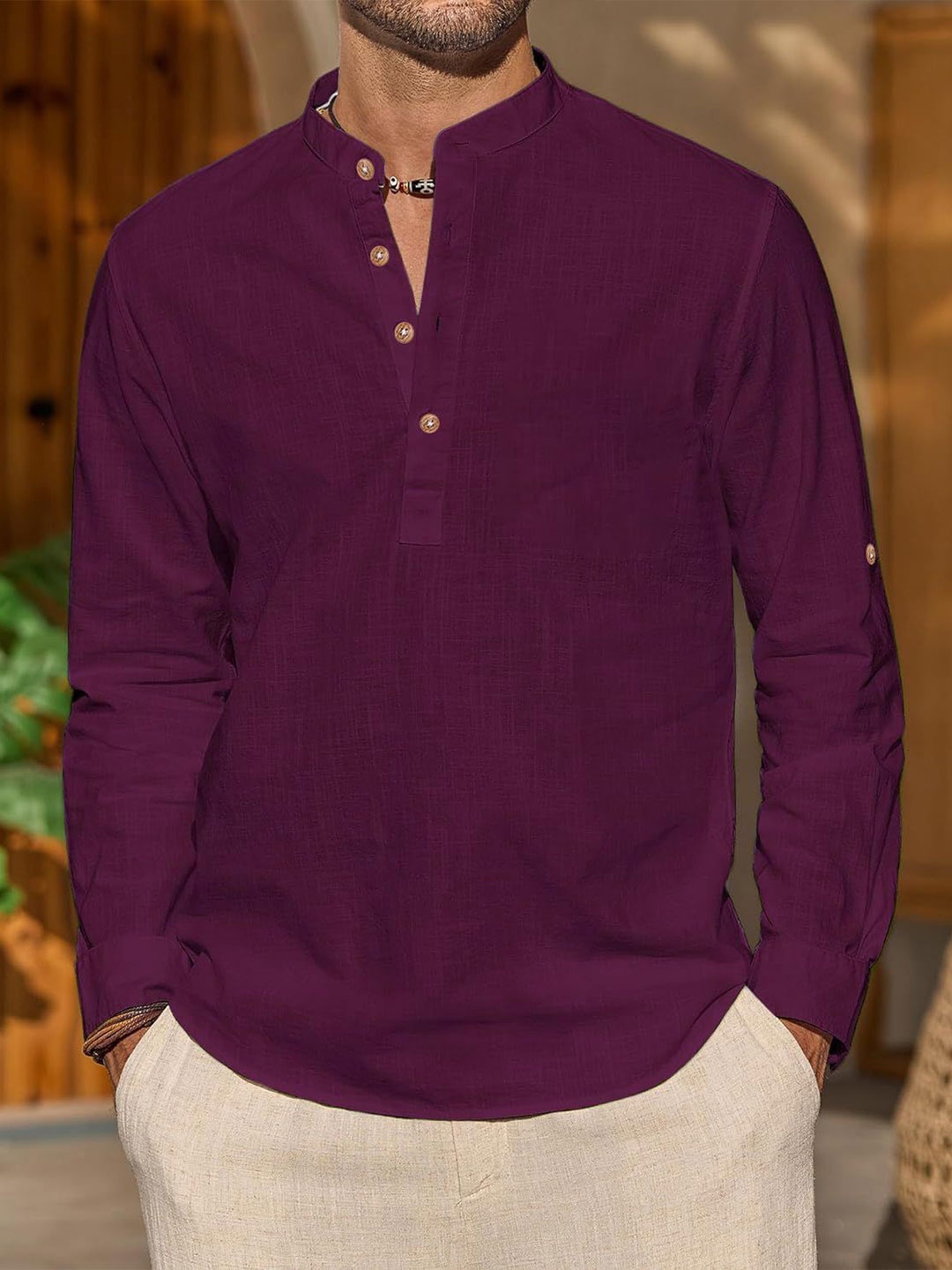 

EdinWolf Men India Slim Fit Band Collar Solid Cotton Casual Shirt, Purple