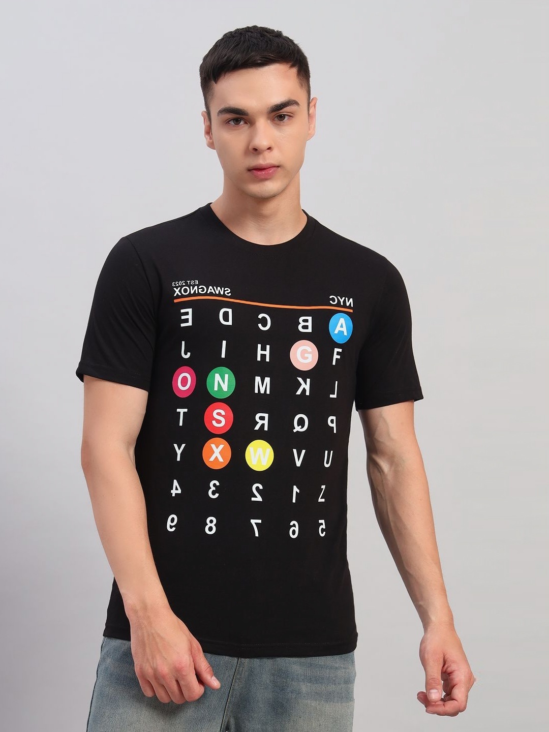 

SWAGNOX Men Graphic Printed Round Neck Cotton Regular Fit T-shirt, Black