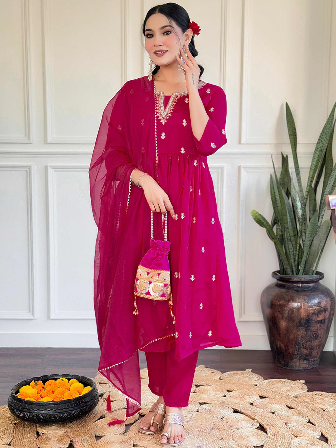 

4 season Floral Embroidered Pleated Thread Work A-Line Kurta With Trousers & Dupatta, Pink
