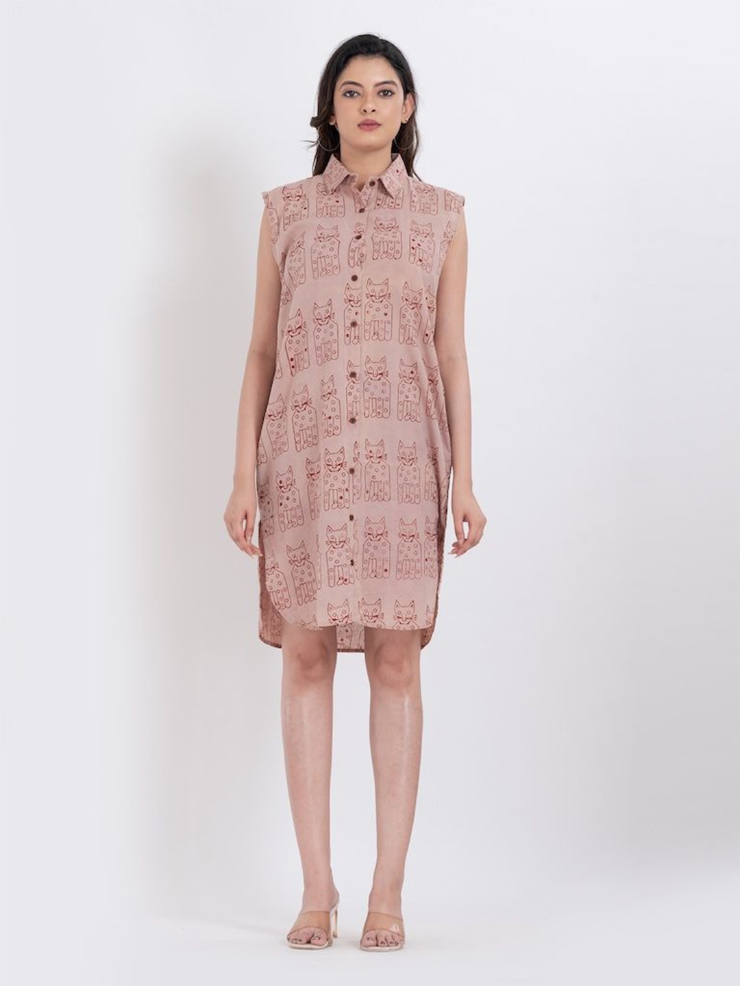 

Kartikeya Jaipur Women Conversational Printed Pure Cotton Shirt Above Knee Dress, Beige