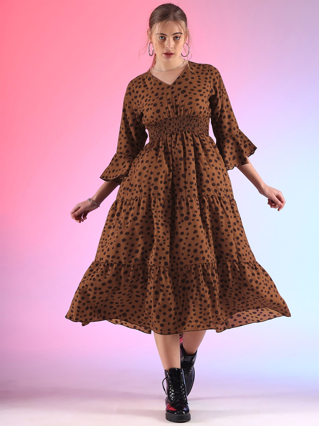 

De La Moda Polka Dot Printed V-Neck Bell Sleeve Tiered Fit & Flare Midi Dress, Brown