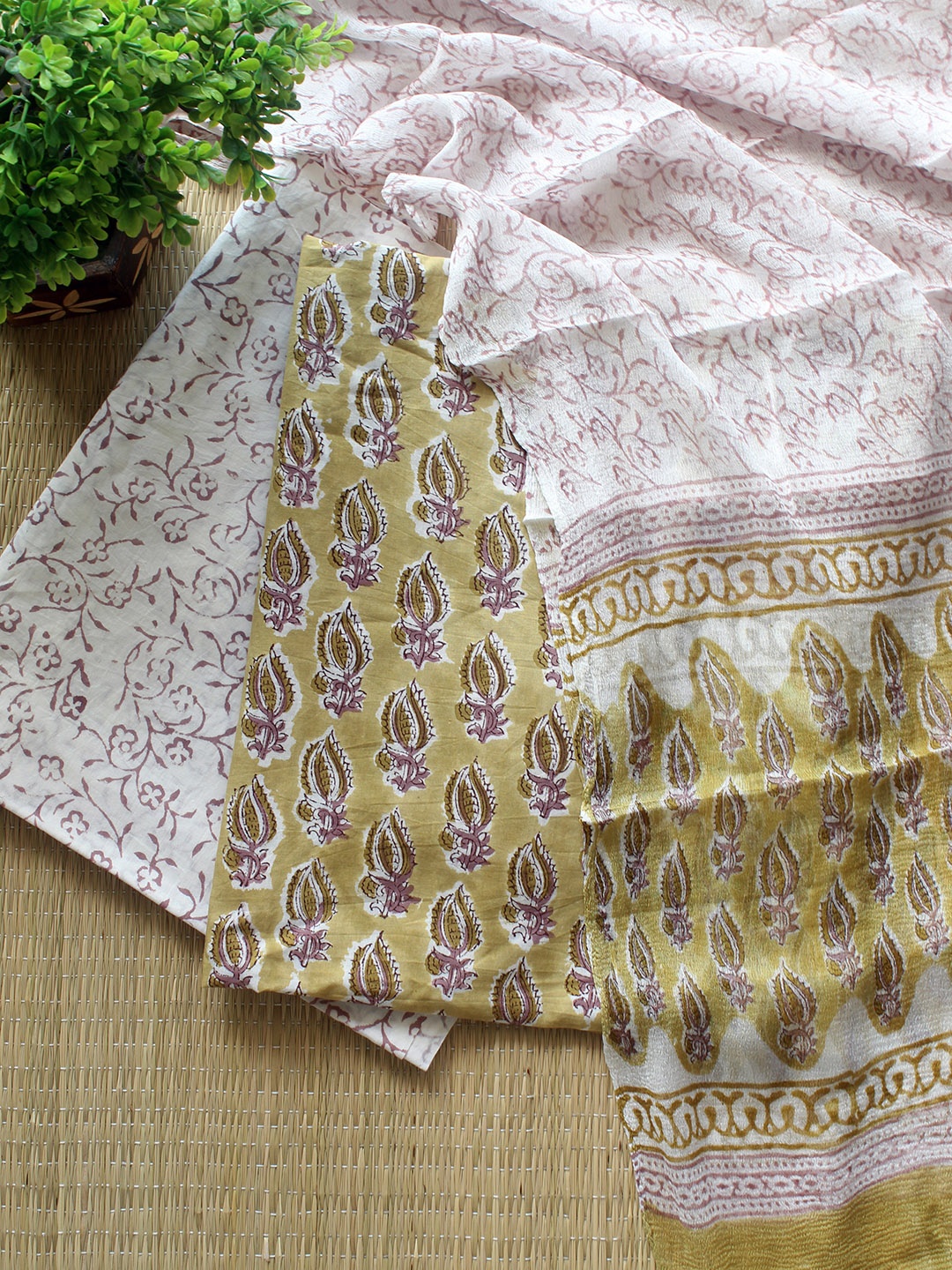 

Weaves of Tradition Printed Pure Cotton Unstitched Dress Material, Beige