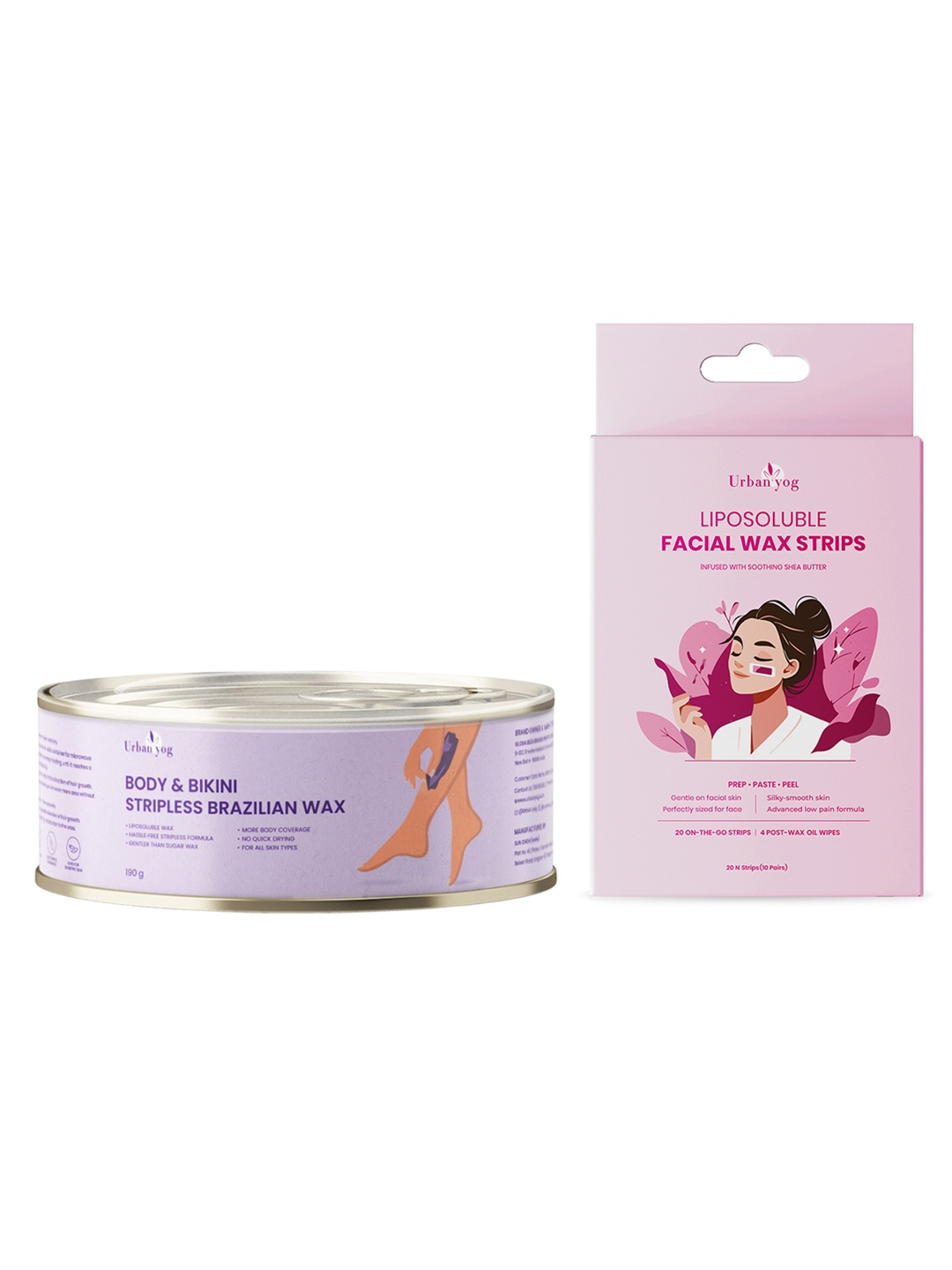 

URBANYOG Set of Liposoluble Facial Wax Strips - 20 Strips & Stripless Brazilian Wax 190g, Purple