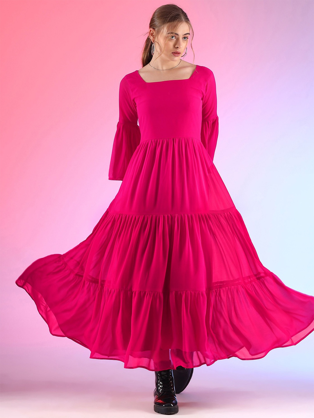 

De La Moda Women Square Necl Bell Sleeve Tiered Fit & Flare Maxi Dress, Pink