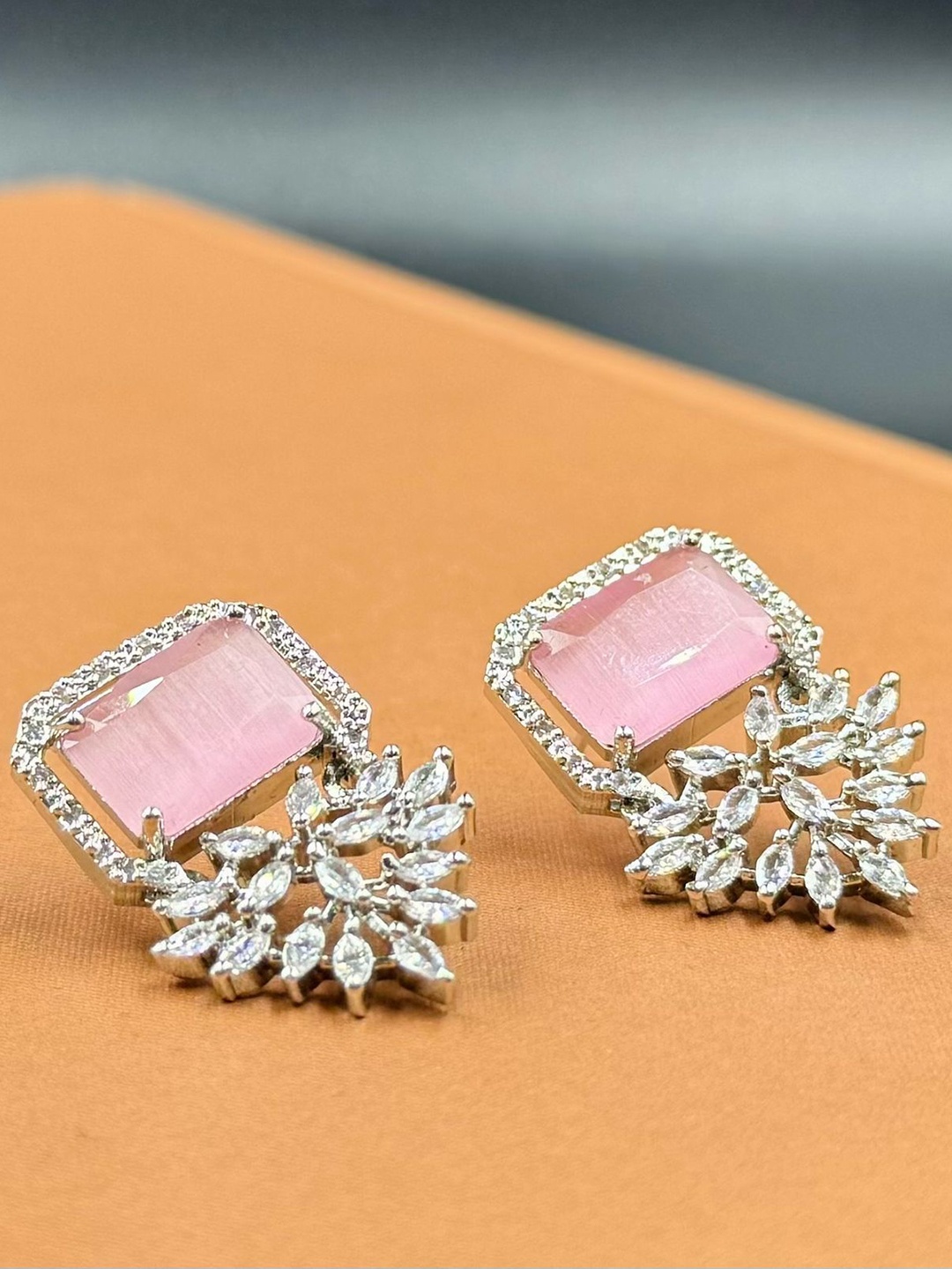 

AKLINA Rhodium-Plated American Diamond Studded Floral Shaped Drop Earrings, Pink